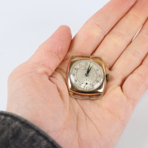 1014 - RECORD - a Vintage 9ct gold mechanical wristwatch head, silvered dial with Arabic numerals and subsi... 