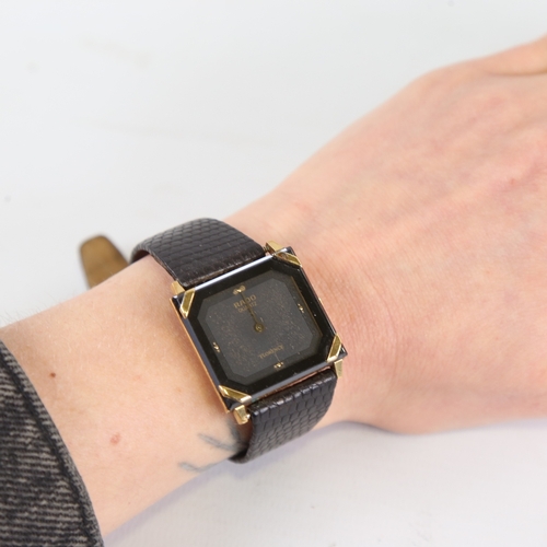 1018 - RADO - a gold plated stainless steel Florence quartz wristwatch, ref. 121.3365.2, square black dial ... 