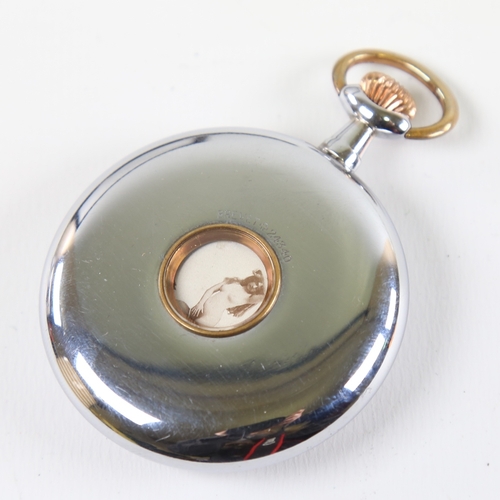 1023 - An Art Deco chrome plated novelty erotic open-face top-wind pocket watch, by Brevet, white enamel di... 