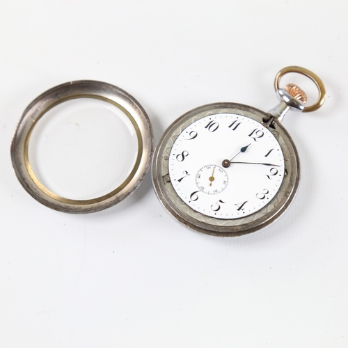 1023 - An Art Deco chrome plated novelty erotic open-face top-wind pocket watch, by Brevet, white enamel di... 