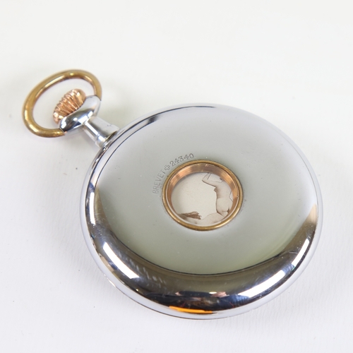 1023 - An Art Deco chrome plated novelty erotic open-face top-wind pocket watch, by Brevet, white enamel di... 