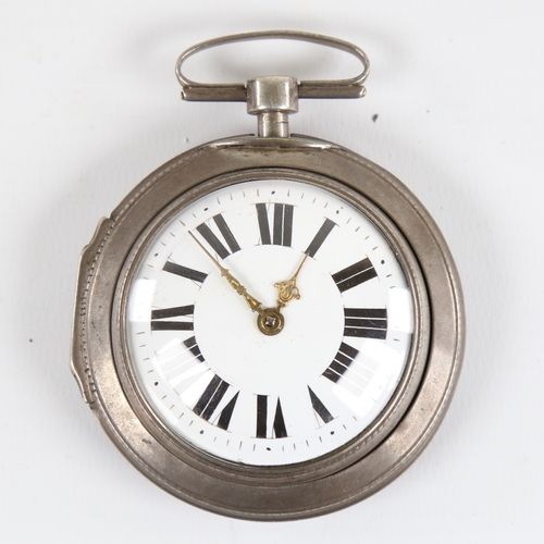 1024 - An 18th century German pair-cased open-face keywind Verge pocket watch, white metal case with blonde... 