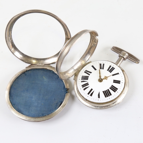 1024 - An 18th century German pair-cased open-face keywind Verge pocket watch, white metal case with blonde... 