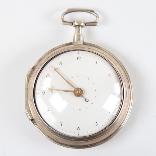 1025 - An 18th century silver pair-cased open-face keywind Verge pocket watch, white enamel dial with Arabi... 