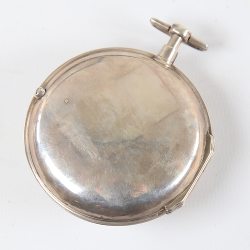 1025 - An 18th century silver pair-cased open-face keywind Verge pocket watch, white enamel dial with Arabi... 