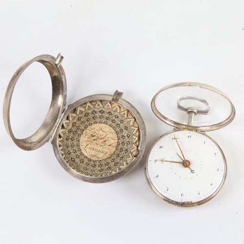 1025 - An 18th century silver pair-cased open-face keywind Verge pocket watch, white enamel dial with Arabi... 