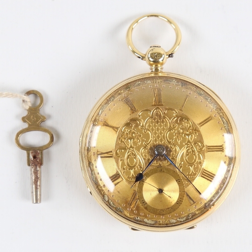 1027 - A 19th century 18ct gold cased open-face keywind pocket watch, by Peter Cattaneo of Croydon, engine-... 