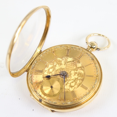 1027 - A 19th century 18ct gold cased open-face keywind pocket watch, by Peter Cattaneo of Croydon, engine-... 