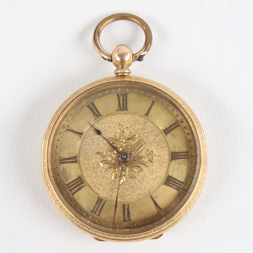 1028 - A Swiss 18ct gold open-face keywind pocket watch, by Hallett of Hastings, floral engraved and textur... 