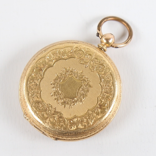 1028 - A Swiss 18ct gold open-face keywind pocket watch, by Hallett of Hastings, floral engraved and textur... 