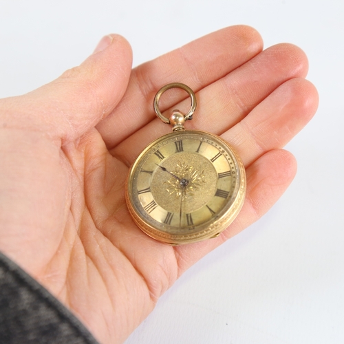 1028 - A Swiss 18ct gold open-face keywind pocket watch, by Hallett of Hastings, floral engraved and textur... 