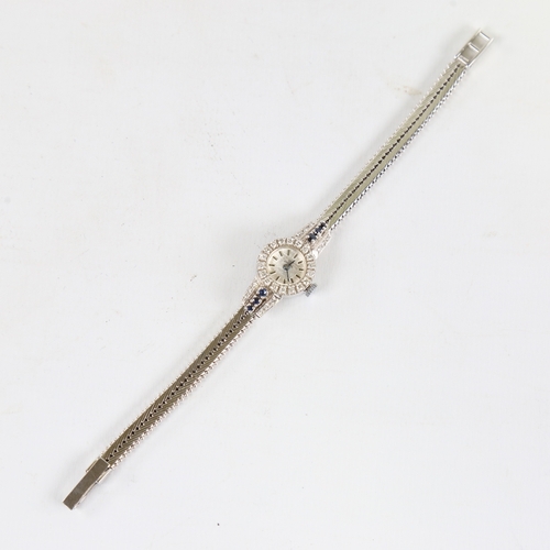 1033 - A lady's Vintage 18ct white gold diamond and sapphire mechanical cocktail wristwatch, brushed silver... 