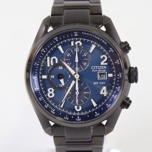 1037 - CITIZEN - a black ion-plated stainless steel Eco-drive WR100 quartz chronograph wristwatch, ref. B61... 