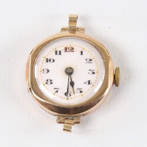 1039 - A Vintage 9ct gold mechanical wristwatch head, by Metrose Watch Co, white enamel dial with hand pain... 