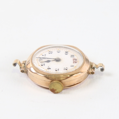 1039 - A Vintage 9ct gold mechanical wristwatch head, by Metrose Watch Co, white enamel dial with hand pain... 