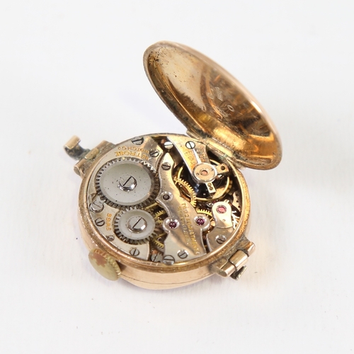 1039 - A Vintage 9ct gold mechanical wristwatch head, by Metrose Watch Co, white enamel dial with hand pain... 