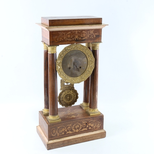 1046 - A 19th century rosewood and satinwood inlaid brass 4-pillar portico mantel clock, silvered dial with... 