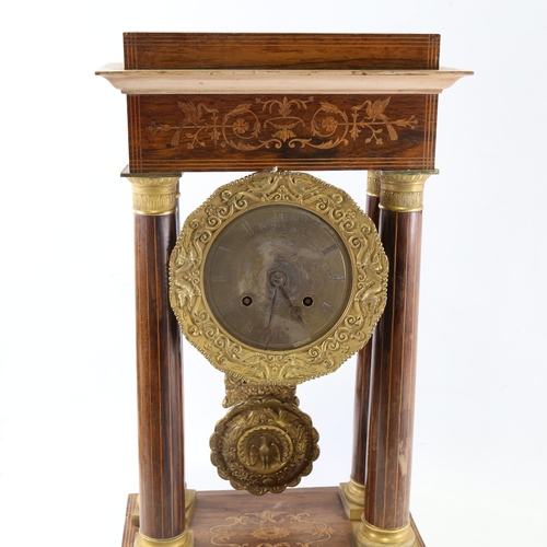 1046 - A 19th century rosewood and satinwood inlaid brass 4-pillar portico mantel clock, silvered dial with... 