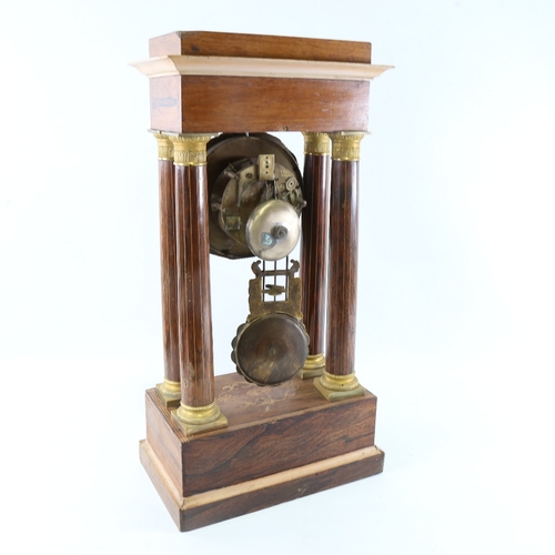 1046 - A 19th century rosewood and satinwood inlaid brass 4-pillar portico mantel clock, silvered dial with... 