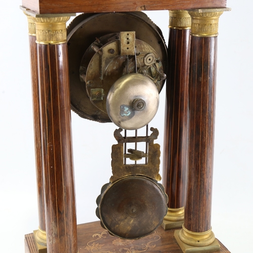 1046 - A 19th century rosewood and satinwood inlaid brass 4-pillar portico mantel clock, silvered dial with... 