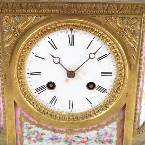 1048 - A French gilt-brass and Sevres Rose Pompador porcelain panel 8-day mantel clock, by Charles Frodsham... 