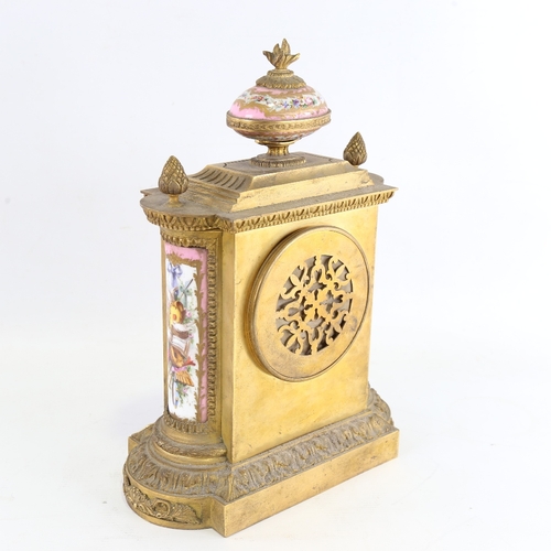 1048 - A French gilt-brass and Sevres Rose Pompador porcelain panel 8-day mantel clock, by Charles Frodsham... 