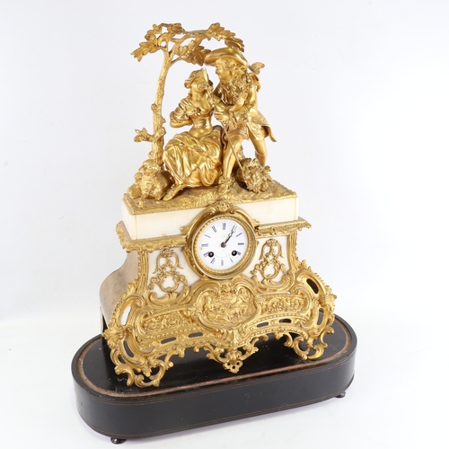 1049 - A large 19th century French gilt-bronze 8-day mantel clock, indistinct maker, white enamel dial with... 