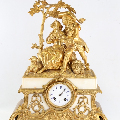 1049 - A large 19th century French gilt-bronze 8-day mantel clock, indistinct maker, white enamel dial with... 