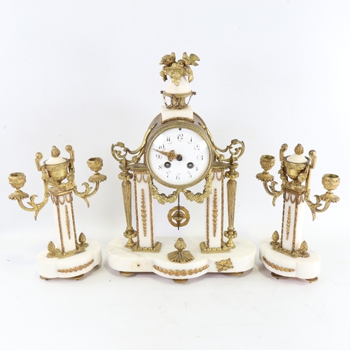 1050 - A 19th century French white marble and brass-cased 3-piece 8-day drum mantel clock garniture, floral... 