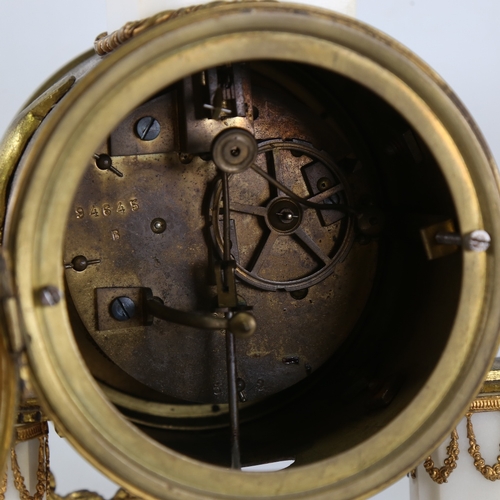 1050 - A 19th century French white marble and brass-cased 3-piece 8-day drum mantel clock garniture, floral... 