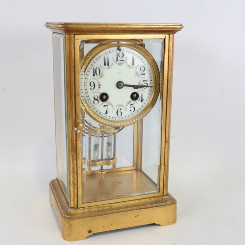 1052 - An early 20th century French brass-cased 4-glass 8-day mantel clock, floral white enamel dial with A... 