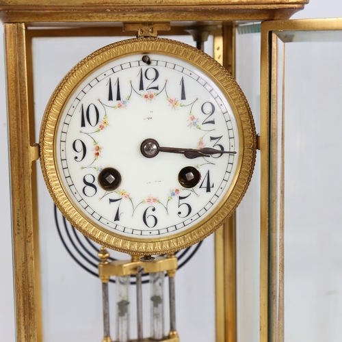 1052 - An early 20th century French brass-cased 4-glass 8-day mantel clock, floral white enamel dial with A... 