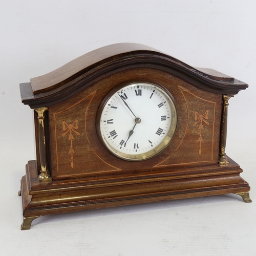 1053 - A French inlaid mahogany dome-top mantel clock, white enamel dial with Roman numeral hour markers, b... 