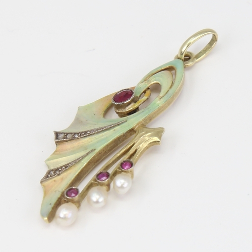 1100 - An Art Nouveau Continental 14ct gold ombre enamel ruby pearl and diamond floral pendant, openwork de... 