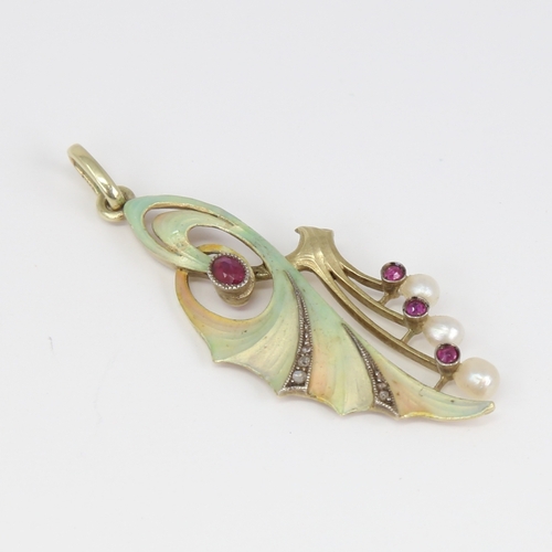 1100 - An Art Nouveau Continental 14ct gold ombre enamel ruby pearl and diamond floral pendant, openwork de... 