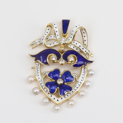 1102 - An Antique pearl diamond and enamel shield pendant, unmarked gold settings with four leaf clover des... 