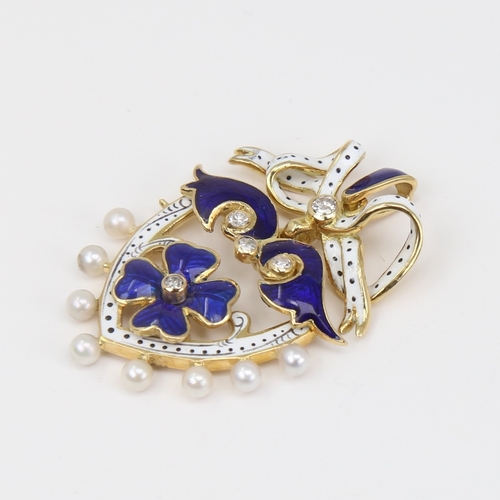 1102 - An Antique pearl diamond and enamel shield pendant, unmarked gold settings with four leaf clover des... 