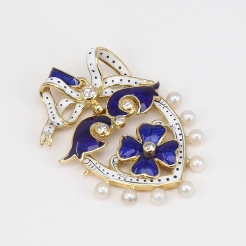 1102 - An Antique pearl diamond and enamel shield pendant, unmarked gold settings with four leaf clover des... 