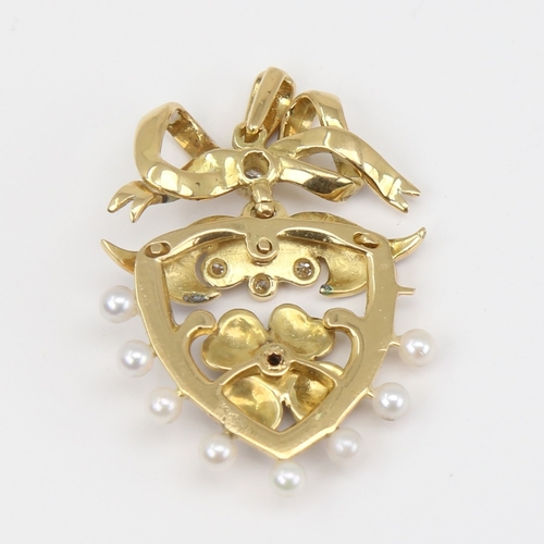 1102 - An Antique pearl diamond and enamel shield pendant, unmarked gold settings with four leaf clover des... 