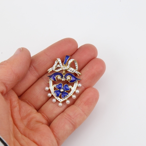 1102 - An Antique pearl diamond and enamel shield pendant, unmarked gold settings with four leaf clover des... 