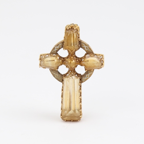 1104 - An Antique unmarked yellow metal citrine and white enamel Celtic cross brooch, brooch length 37.2mm,... 