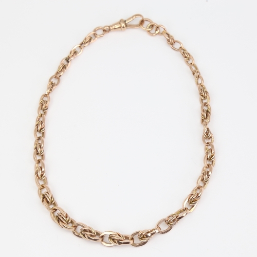 1107 - An Antique 9ct gold graduated fancy link Albert chain necklace, with dog clip, overall length 33cm, ... 