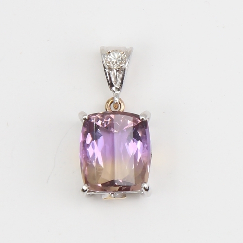 1109 - A modern handmade 9ct white and yellow gold ametrine and diamond pendant, fancy cushion-shaped barre... 