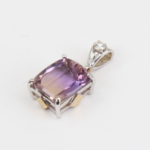 1109 - A modern handmade 9ct white and yellow gold ametrine and diamond pendant, fancy cushion-shaped barre... 