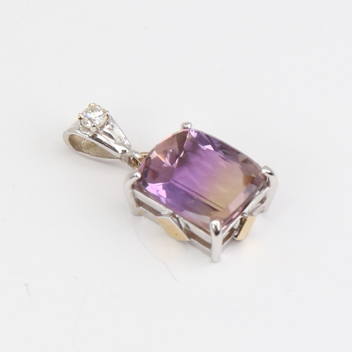 1109 - A modern handmade 9ct white and yellow gold ametrine and diamond pendant, fancy cushion-shaped barre... 