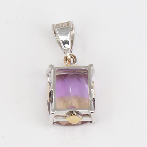 1109 - A modern handmade 9ct white and yellow gold ametrine and diamond pendant, fancy cushion-shaped barre... 