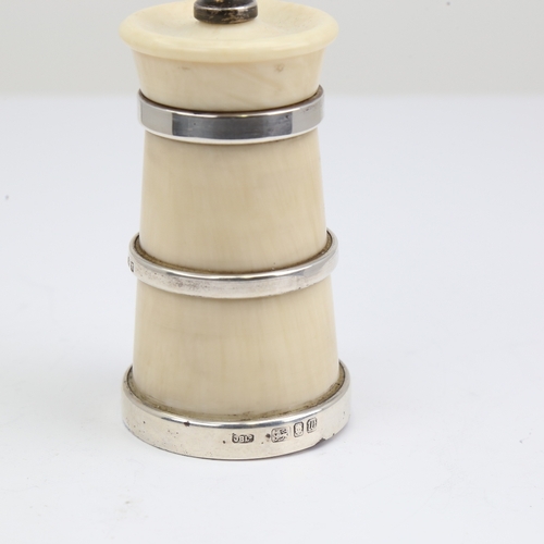 1115 - An Elizabeth II silver-mounted Bakelite Peter Piper Super salt mill, tapered cylindrical form with s... 