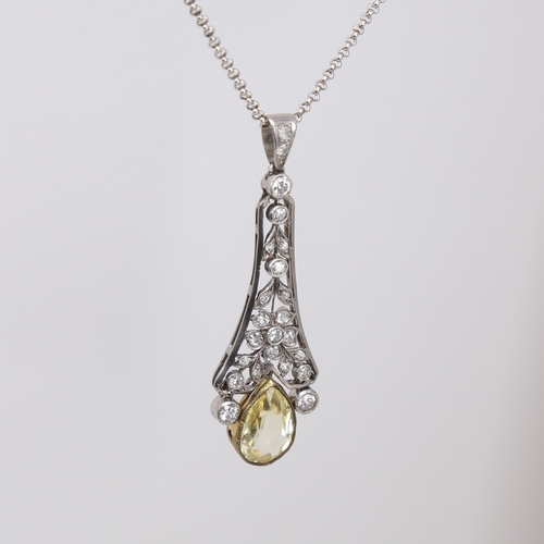 1117 - A Belle Epoque natural Ceylon yellow sapphire and diamond pendant necklace, unmarked white metal set... 