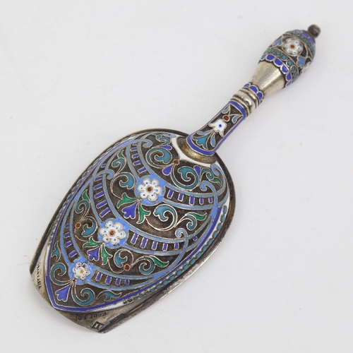 1129 - A Russian silver and champleve enamel sugar shovel, mark of Antip Kuzmichev of Moscow, made for Tiff... 