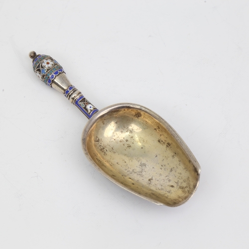 1129 - A Russian silver and champleve enamel sugar shovel, mark of Antip Kuzmichev of Moscow, made for Tiff... 